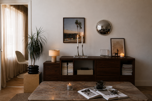 Lumevre polished stainless steel convex mirror 25cm mounted on white wall, wide-angle room reflection