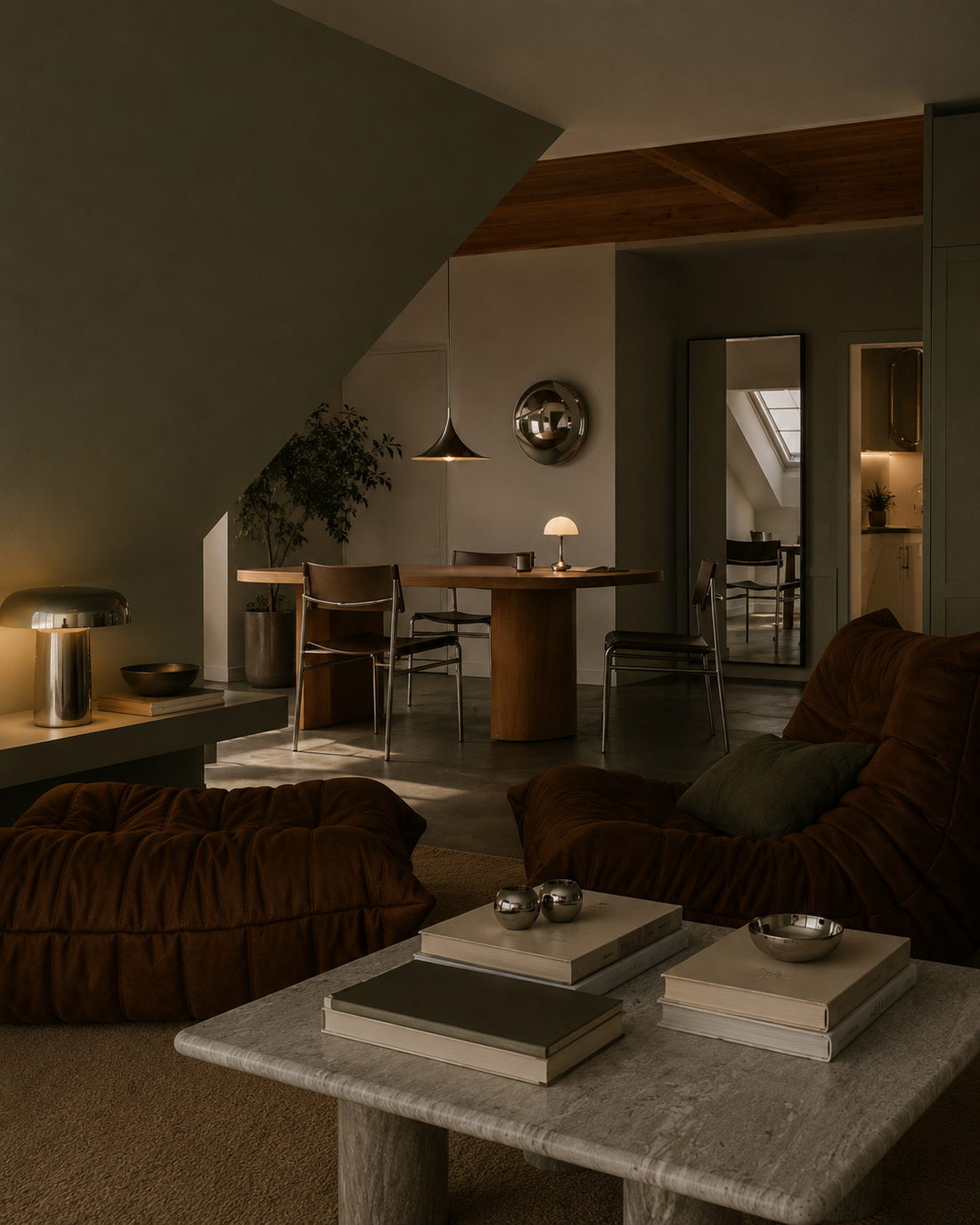 Lumevre polished stainless steel convex mirror in a carefully styled apartment interior, warm natural light