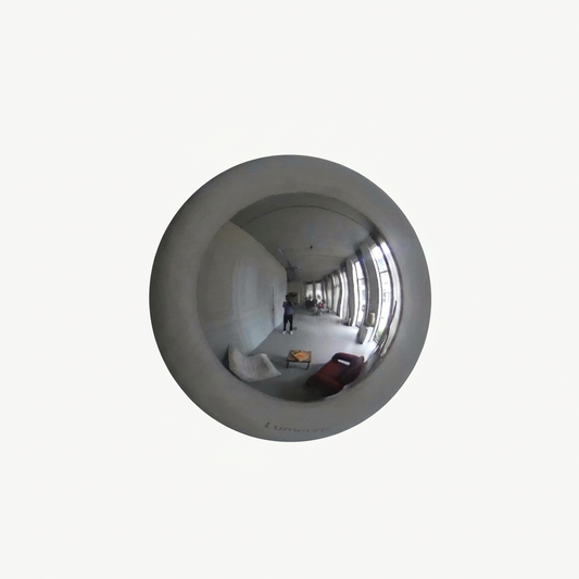 Lumevre convex mirror 15 cm in polished stainless steel, front view on white background