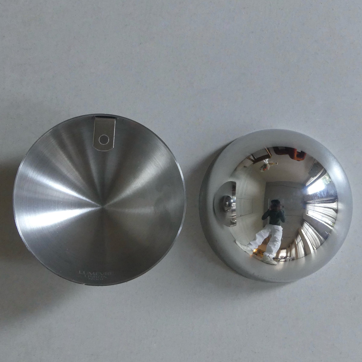Close-up of the polished outside and brushed matte inside of the Lumevre convex mirror 15 cm