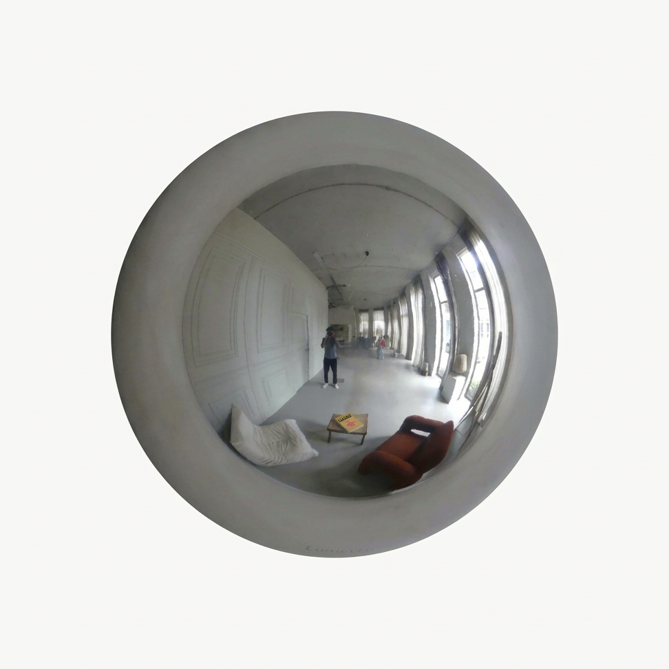 Lumevre convex mirror 25 cm in polished stainless steel, front view on white background