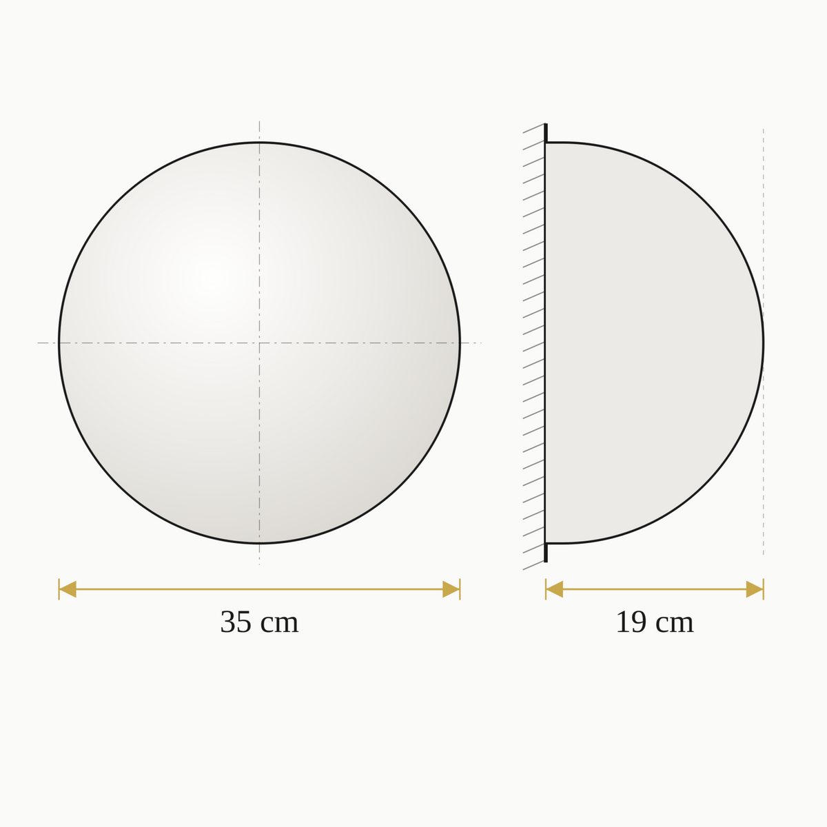 A sketch drawing of the convex mirror 35 cm, containing its diameter and height size in centimeters