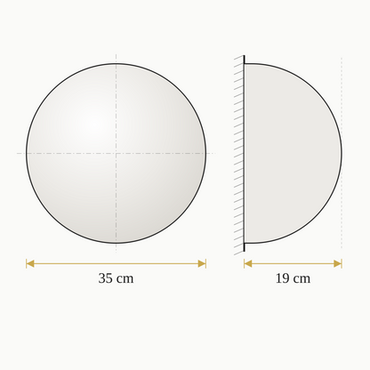 A sketch drawing of the convex mirror 35 cm, containing its diameter and height size in centimeters