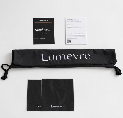 What is included with the Lumevre convex mirror: a microfibre drawstring bag, two microfibre cloths and the mounting instruction card.