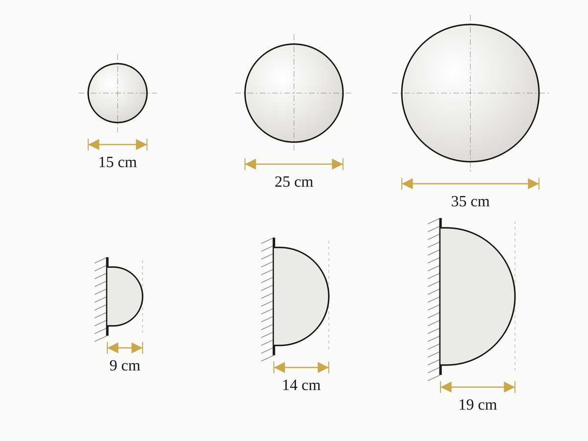 A sketch of all Lumevre convex mirrors containing the sizes in diameter and height